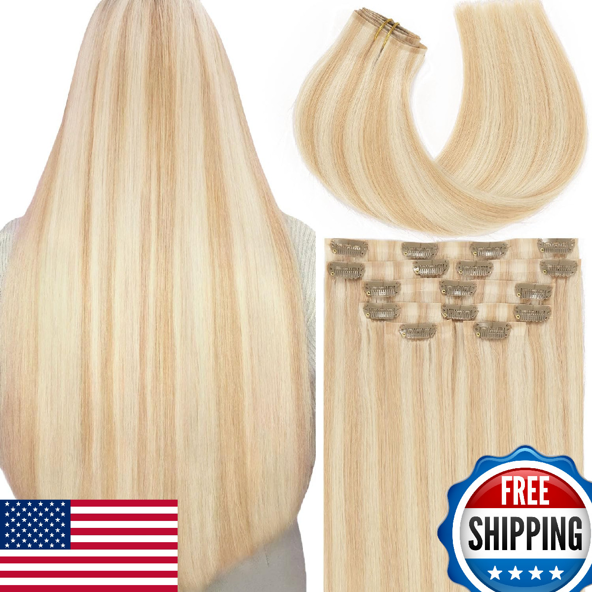 Lacer Hair Highlight Blonde Clip in Hair Extensions 20 Inch Human Hair 7pcs 110g