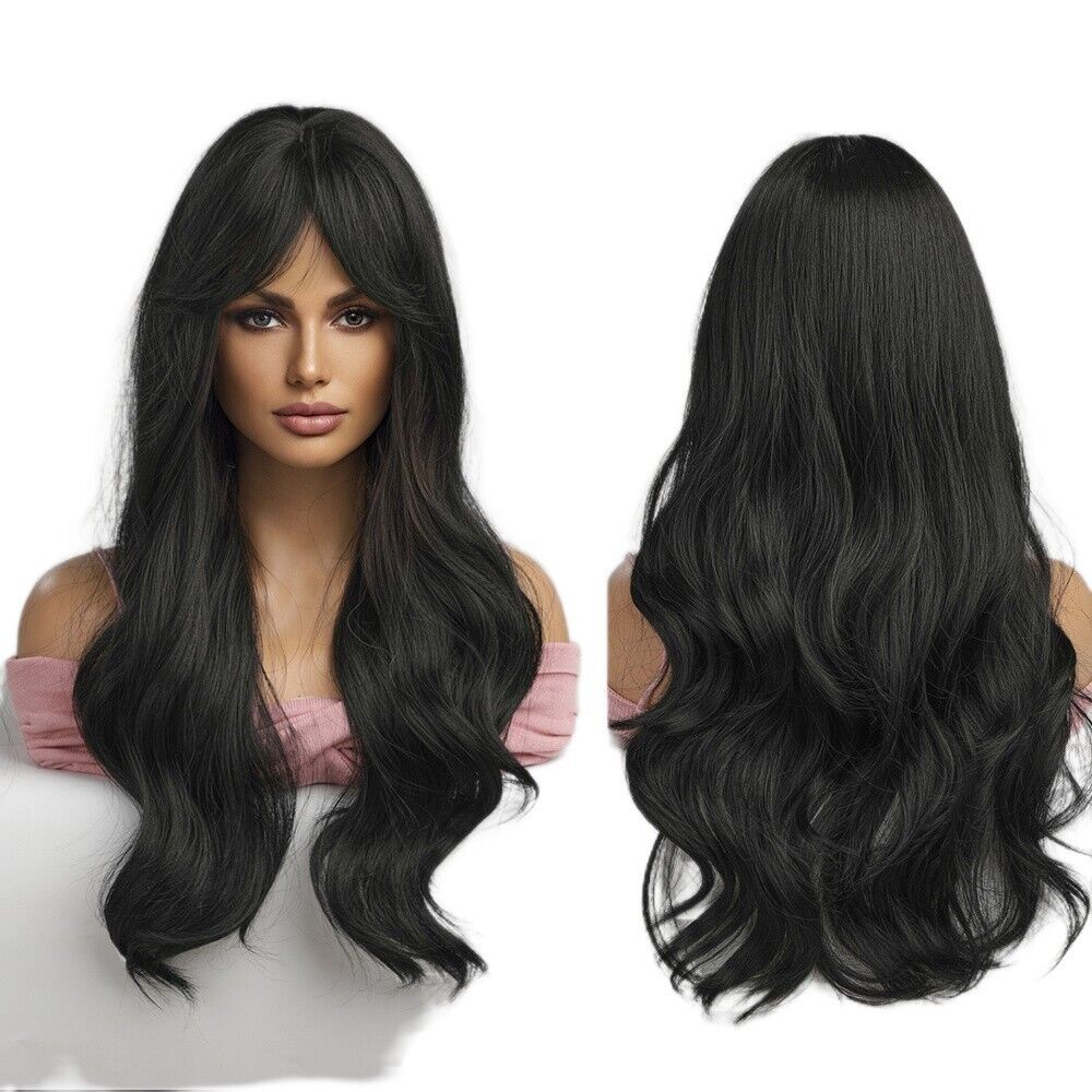 Long Wavy Dark Brown Black Wigs Natural Long Wavy Daliy Synthetic Hair Women US