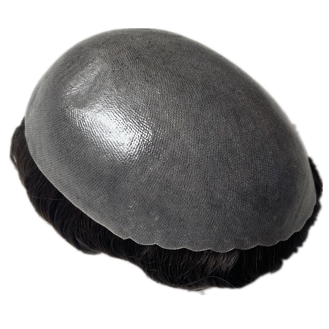 Mens Human Hair Replacement System Poly Skin Toupee Off Black Hairpiece #1B