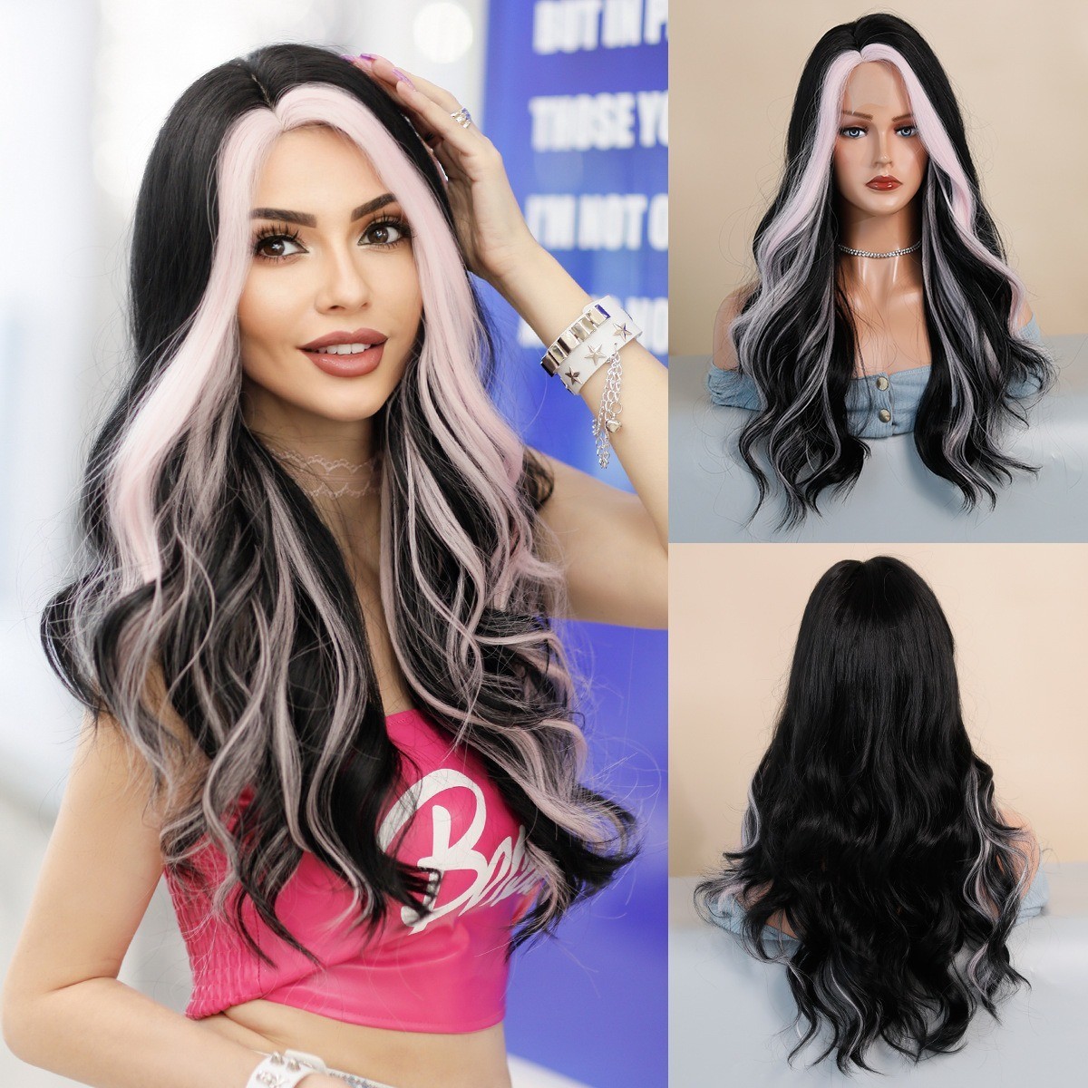 Small lace highlighted pink long wavy middle-parted synthetic hairdo