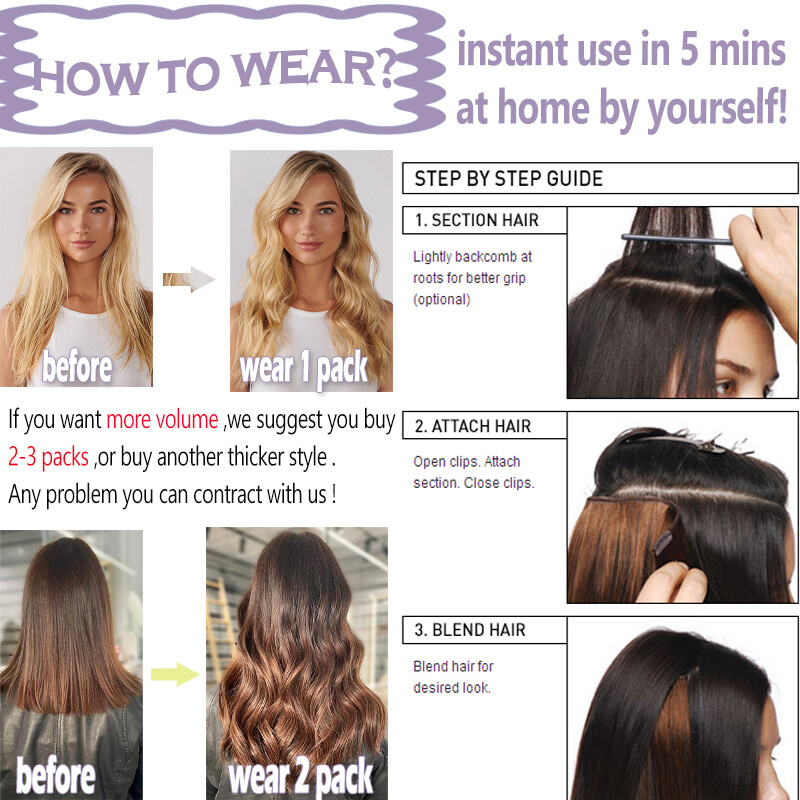 100% Real Remy Human Hair Extensions Invisible Clip in 8pcs Full Head Ombré Hair