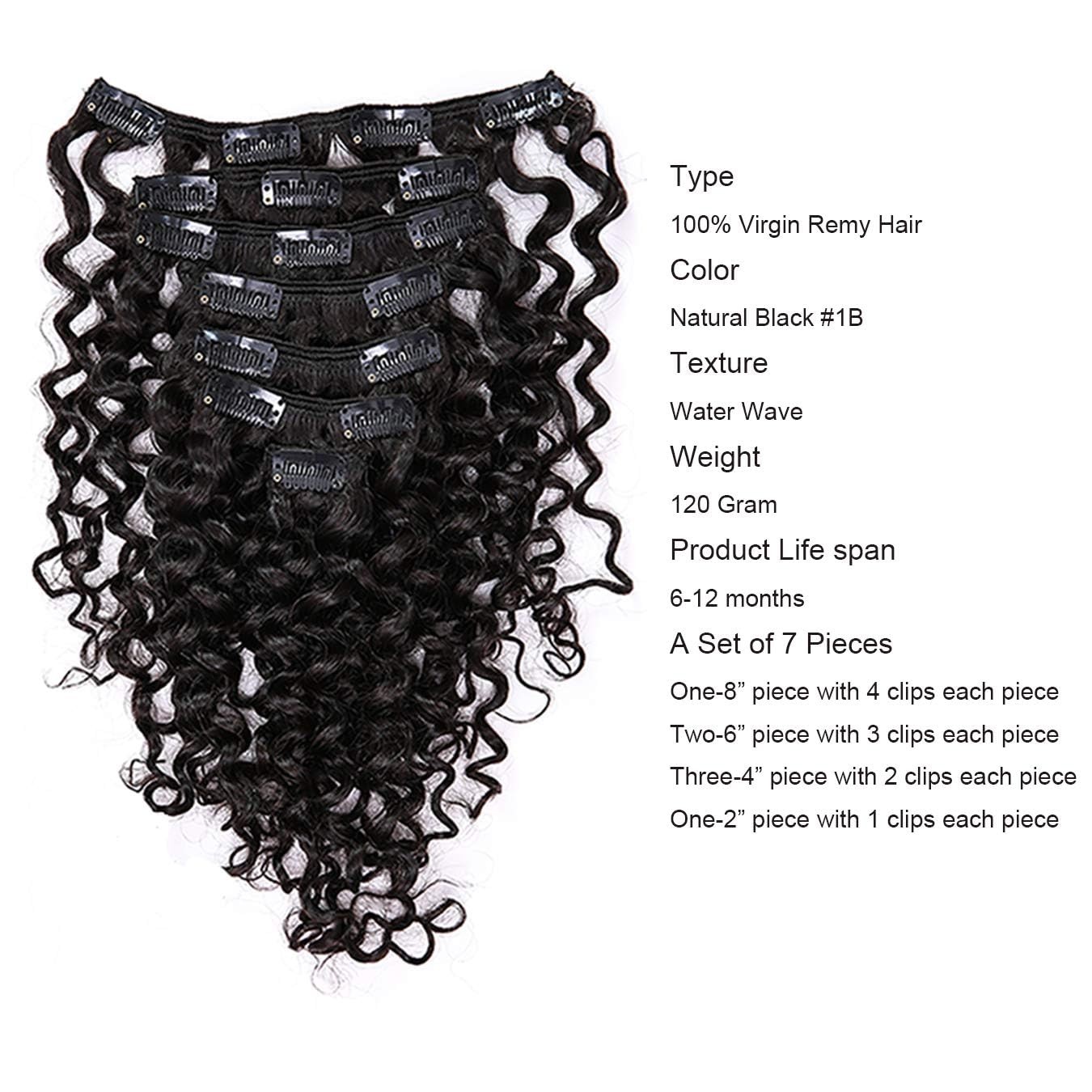 Anrosa Water Wave Clip In Hair Extensions Human Hair Natural Black 10 Inch 1B