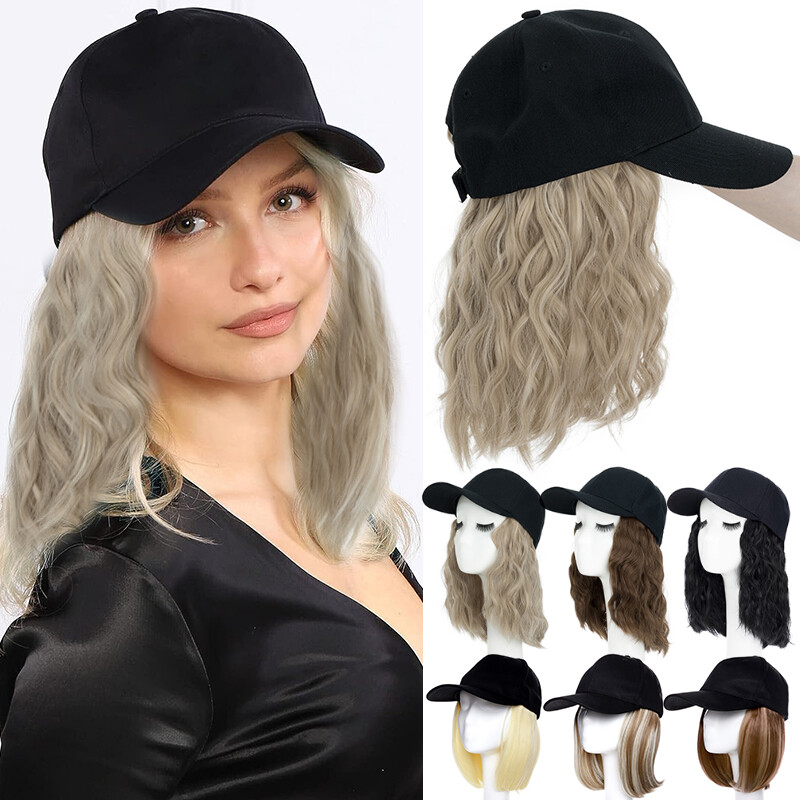 Baseball Hat Cap with Fake Hair Long Brown Hair Wig Cap for Women 6″/8″/16″ Hair