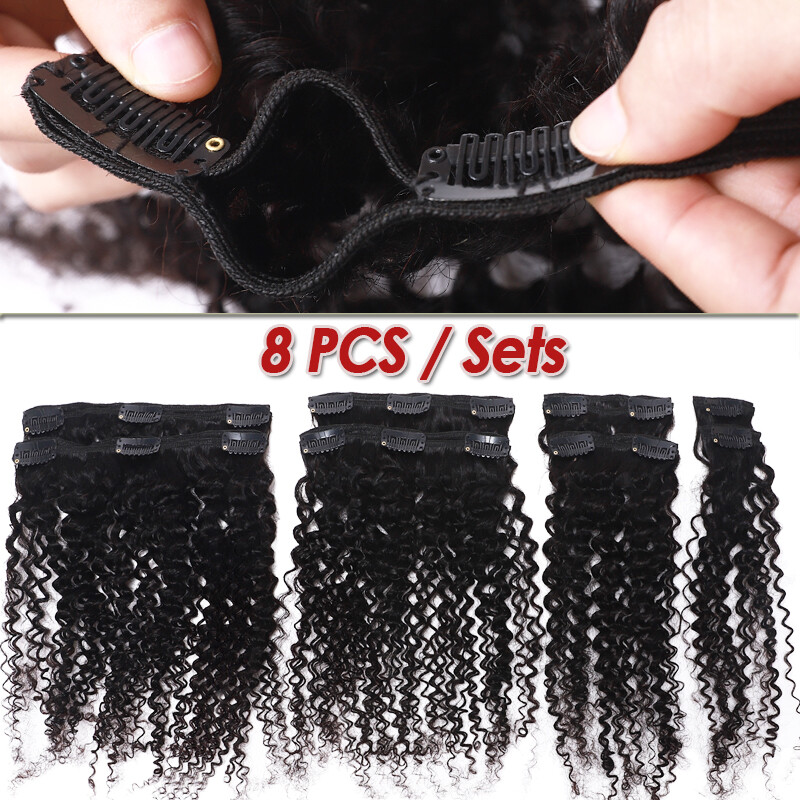 Afro Kinky Straight Thick Clip in Human Hair Extensions Full Head Double Wefted
