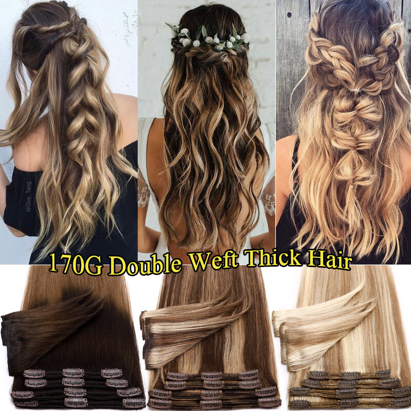 170G REAL THICK Double Weft Clip In Human Hair Extensions Clip On Hair Full Head