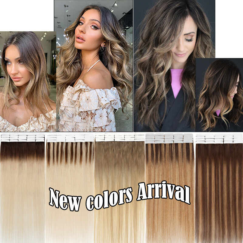 20/40/60pcs Thick Tape In Human Hair Extensions Skin Weft Body Wave Curly #Brown