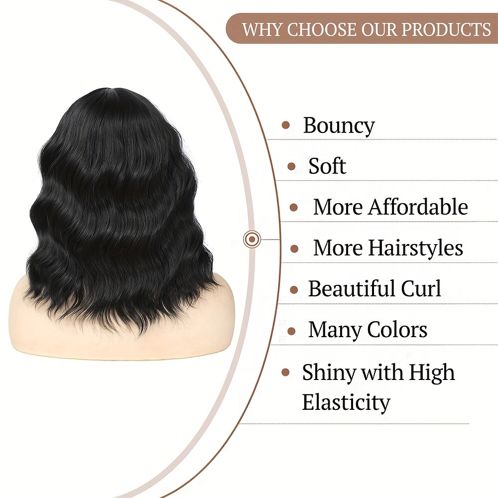 Elegant Unisex-Adult Black Wavy Bob Wig with Bangs Heat Resistant SyntheticFiber