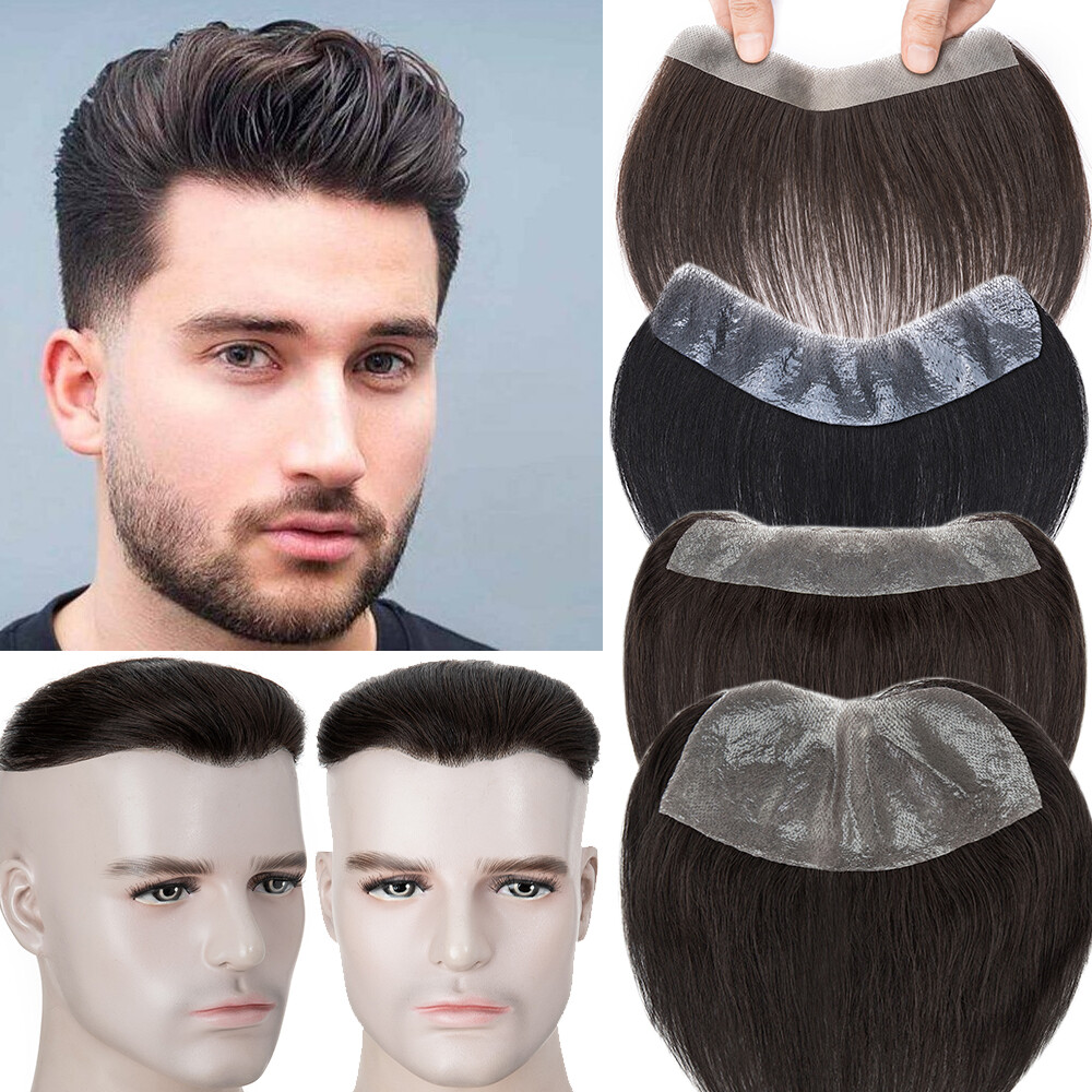 Frontal V-LOOP Hairline PU Thin Skin Toupee Remy 100% Human Hair Hairpiece Wig