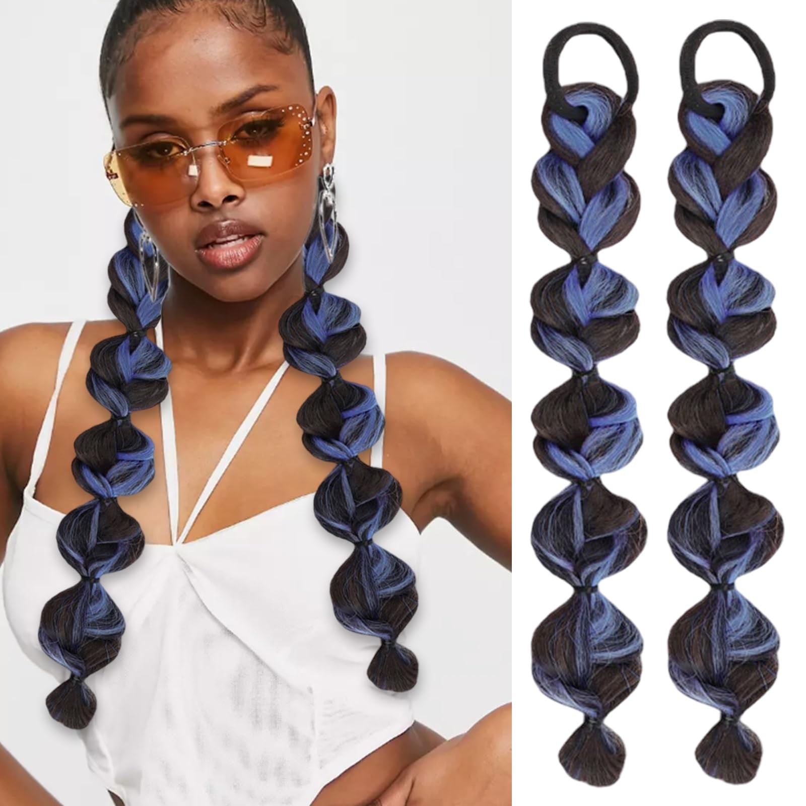 Braided Ponytail Extension with Hair Tie 2 Pcs Blue and Black Bubble Wrap Aro…