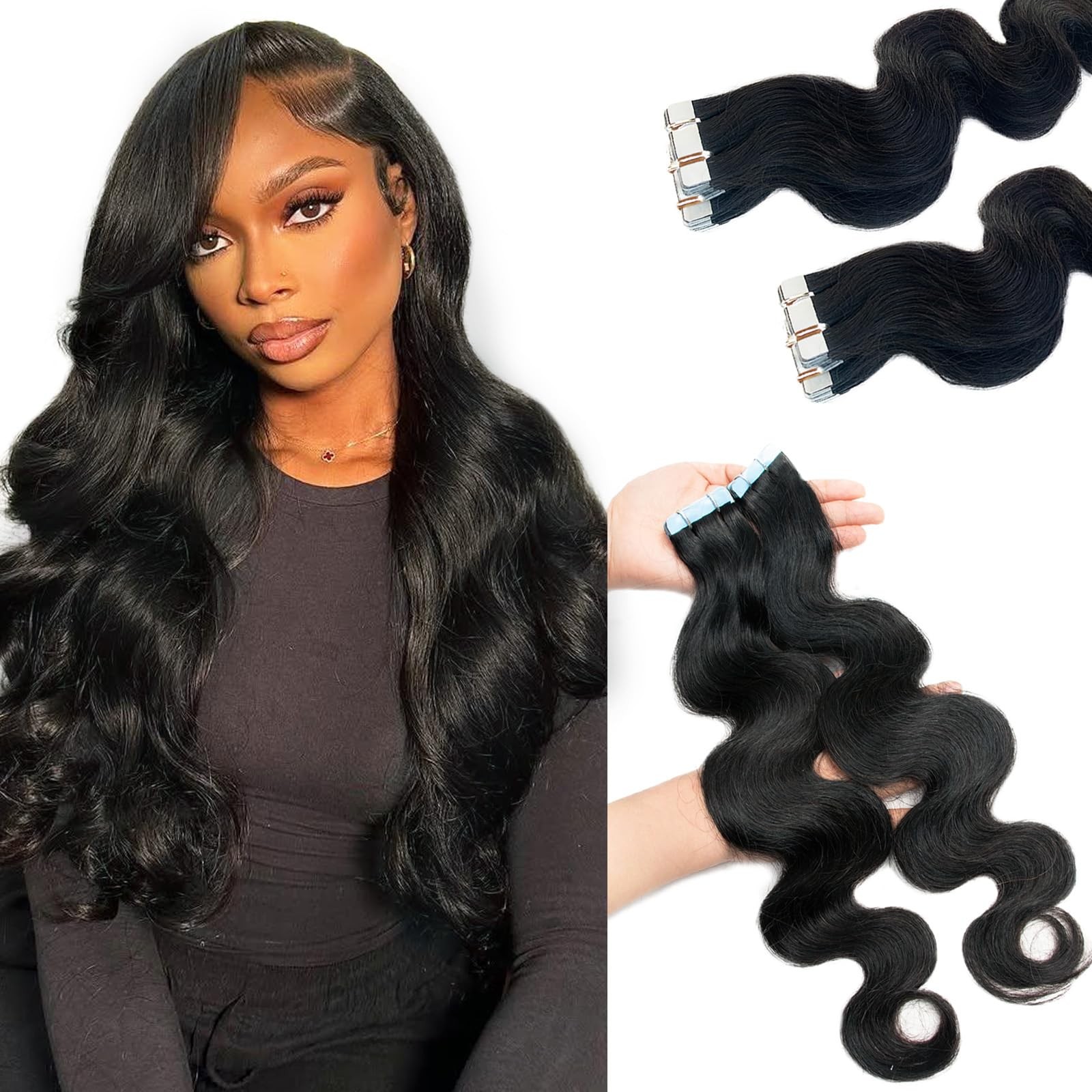Licoville Body Wave Tape In Hair Extensions Human Hair 40Pcs Natural Black Tape