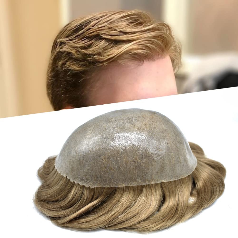 Mens Toupee Human Hair Systems Full Poly Thin Skin Hair Piece Replacement 0.1MM