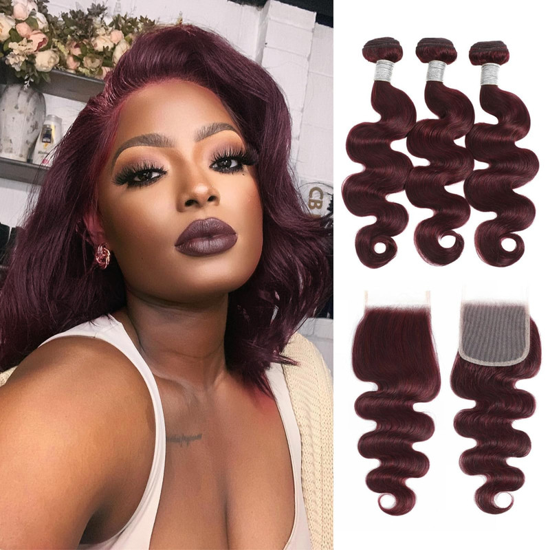 Momoshero Dark Burgundy Bundles Human Hair 4X4 Closure Body Wave 16 18 2016