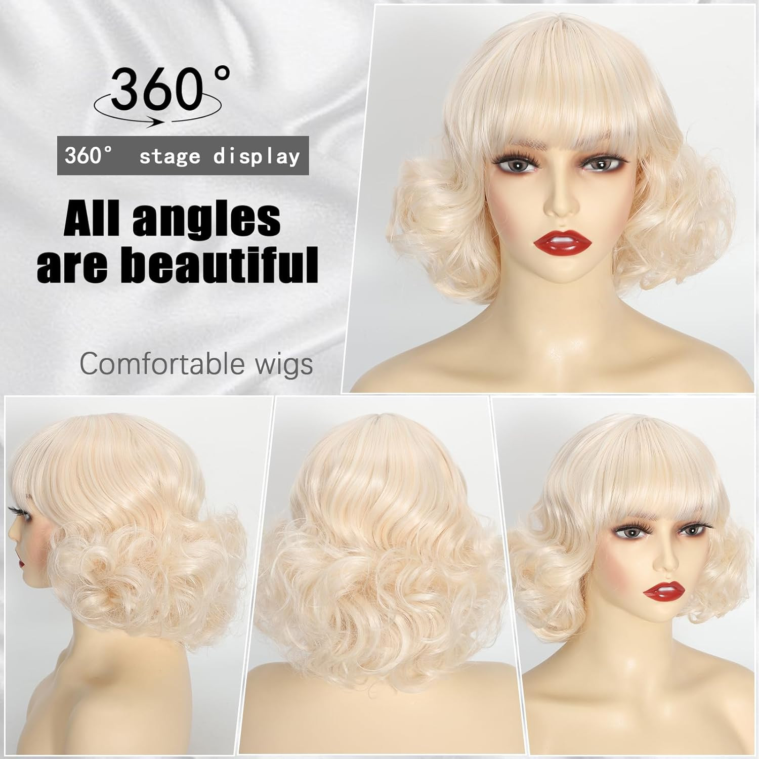 Beige Short Bob Wig with Bangs for Women Honey Blonde Synthetic Curly Natural Ha