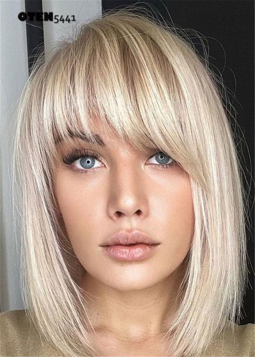 Mid Bob Hairstyle Blonde Straight Synthetic Hair Capless Women Wigs 14 Inch