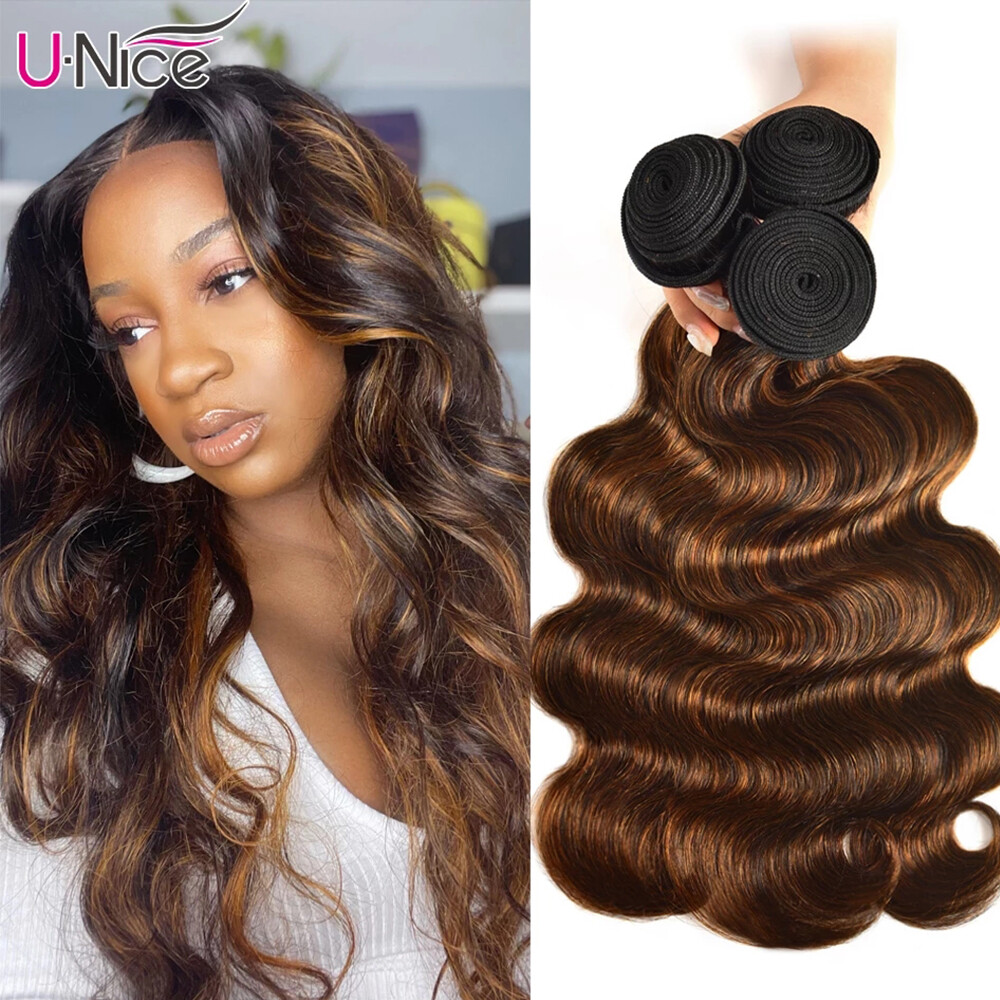 UNice Cambodian Ombre Brown Body Wave Hair Weaves 3 Bundles Human Hair Extension