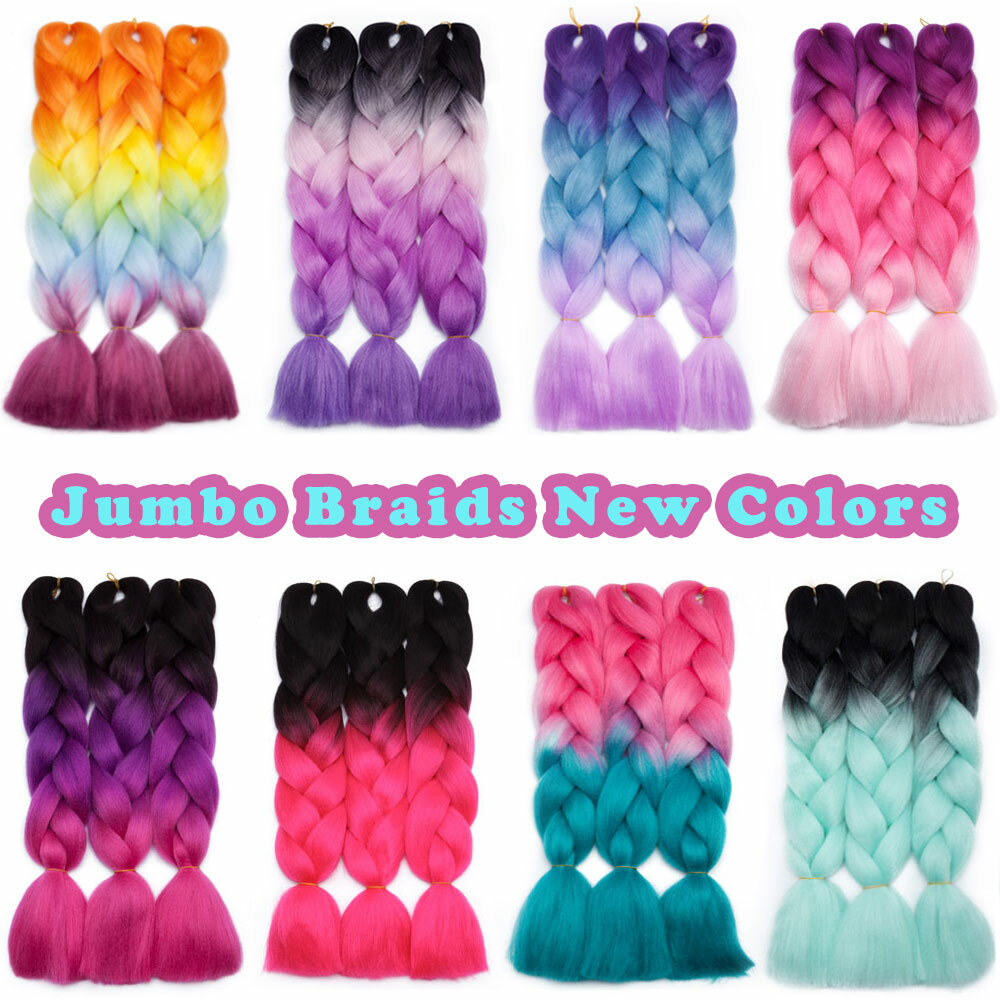 24″ Kanekalon Jumbo Braiding Hair Extensions Plaited Box Braids Ombre Rainbow US