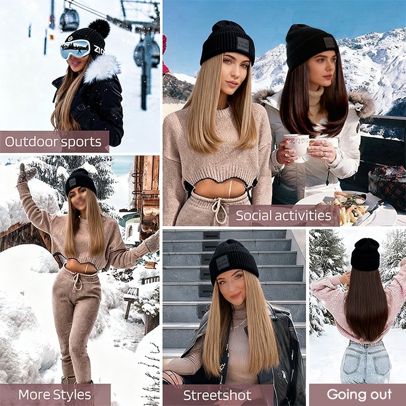 11″ Beanie Hat with Synthetic Hair for Women Hat Wig Knit Beanie Winter Warm Wig