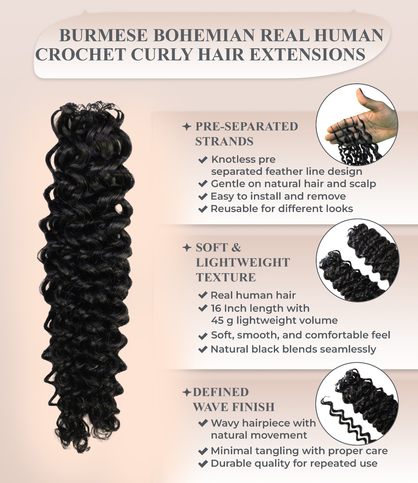 LUXLUXE Water Wave Braids Pre Looped Long Human Hair Extensions 40 Strands