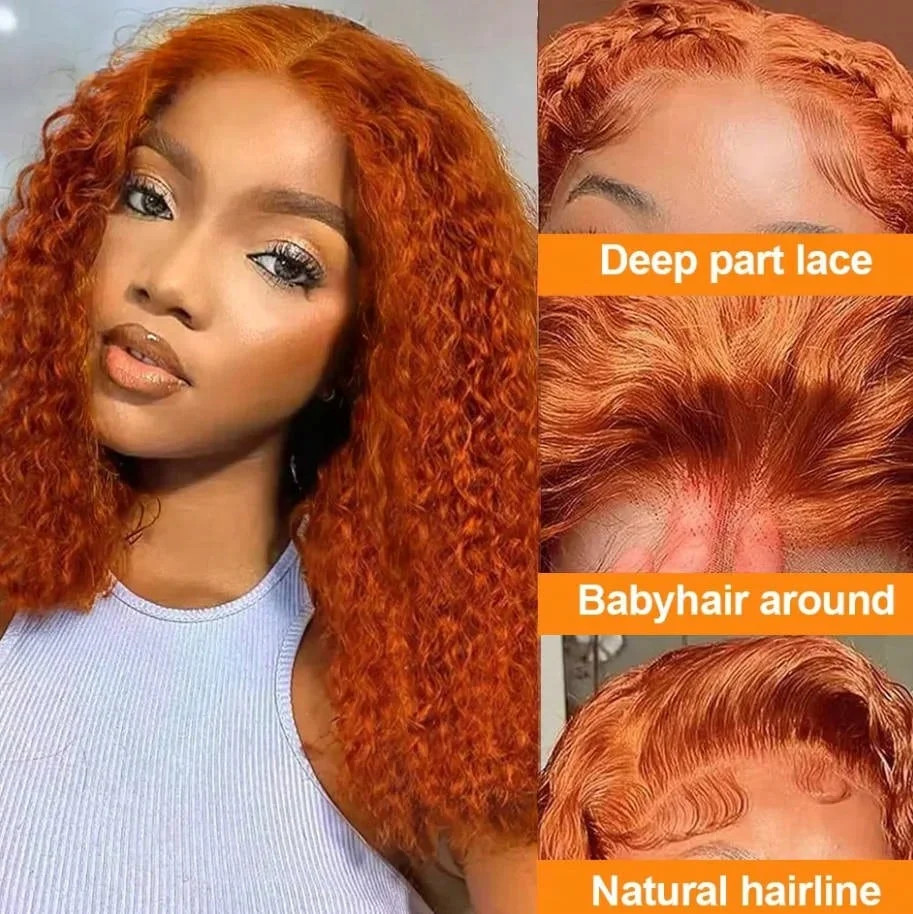 8-22Inch Deep Wave Bob Ginger Orange Lace Front Wigs Bob Human Hair Wig 14 Inch