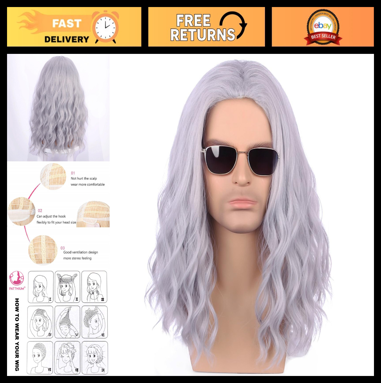 Silver Grey Long Wavy Wig for Men – Curly Cosplay & Halloween Heat-Resistant Hai