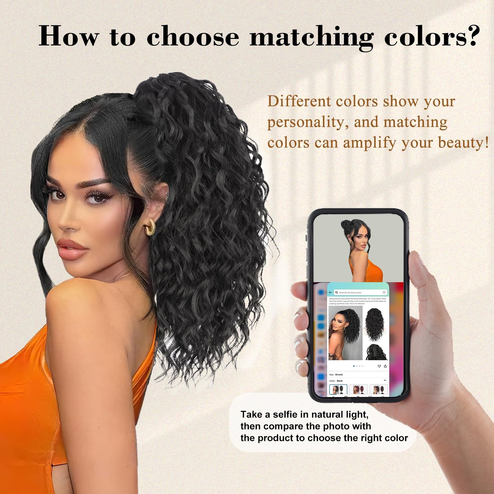 Stamped Glorious Black Ponytail Extension 18 Curly Wavy Pony Tail Claw Multi