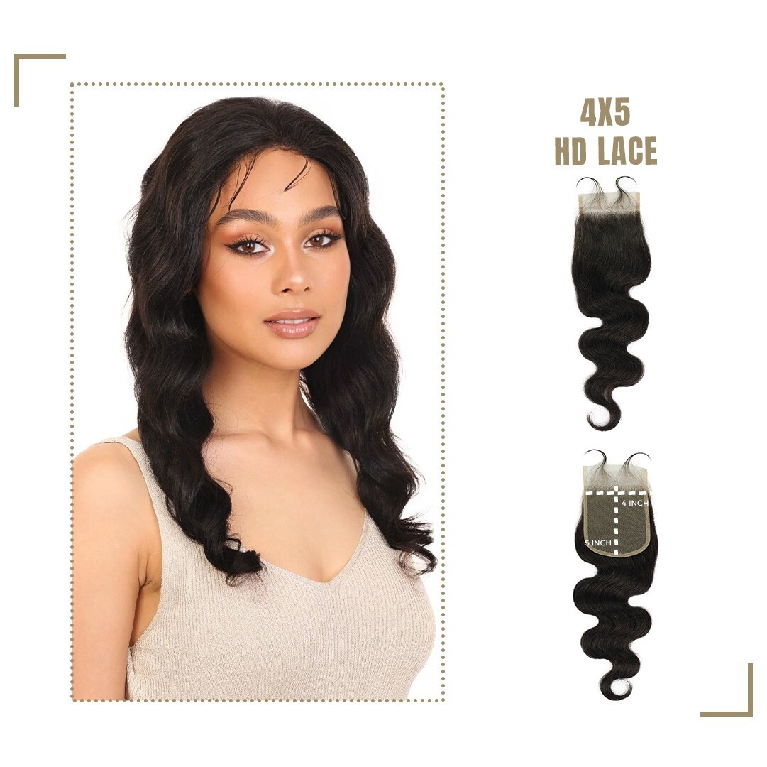 LUXLUXE Lina 4X5″ Lace Body Wavy 16″ Natural 100% Human Hair Extensions