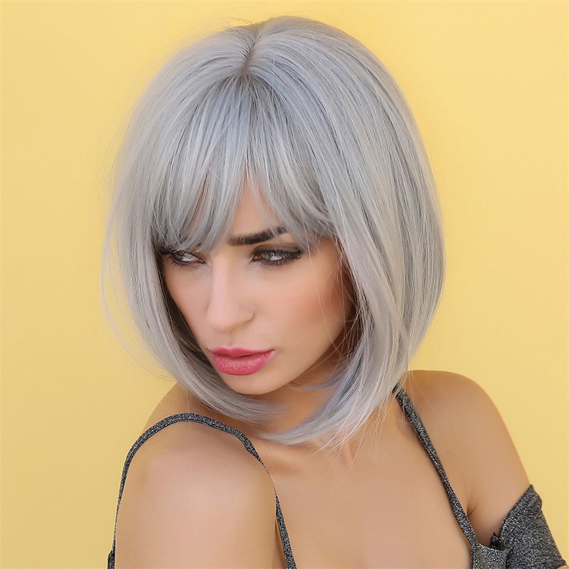 Women Fashion Short Hair Wig Pink Bobo Full Head Cover Straight Bangs Gradient