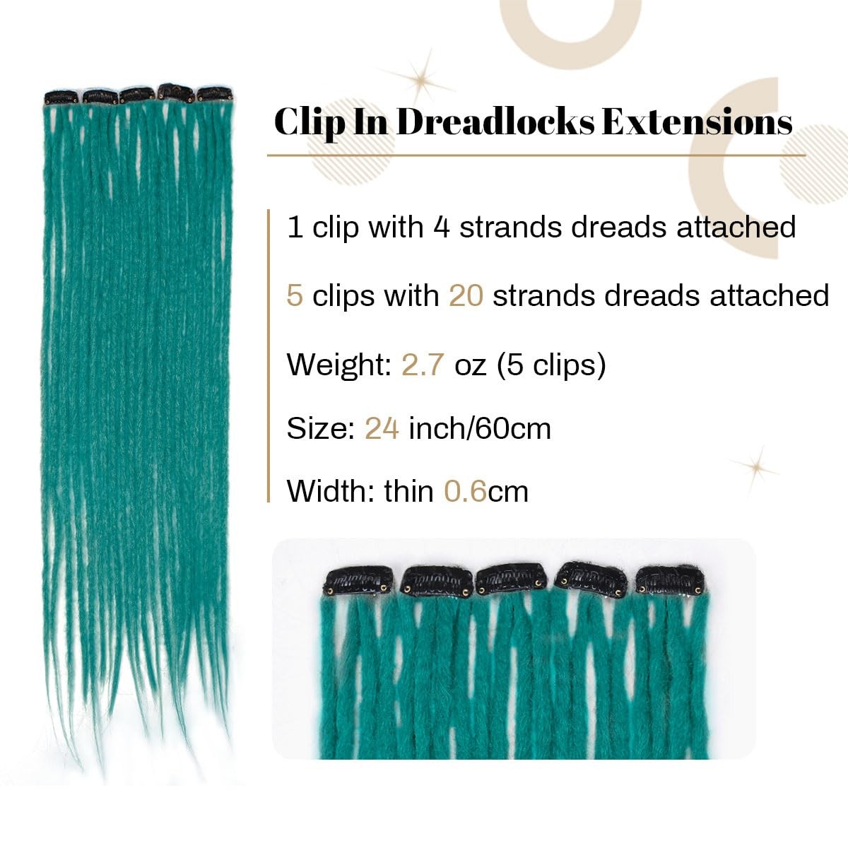 Lounoke 20 Strands 5 Clips In Dreadlock Extensions, 24 inch Teal Green Synthe