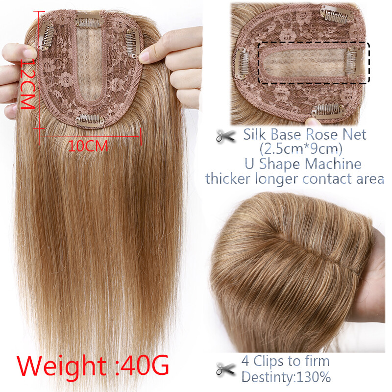 Silk Base 100%Human Hair Topper Clip in Hairpiece Wig Toupee Top Piece Side Part