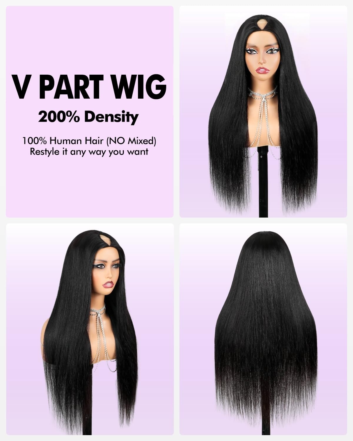 200% Density Straight V Part Wig Human Hair, No Sew Glueless Clip In Half Wig 16