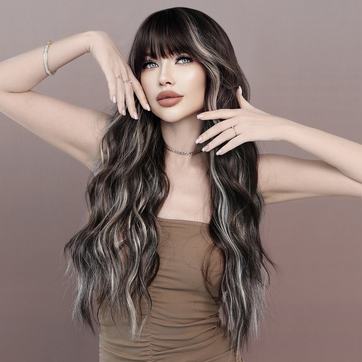 Highlighted Skunk Stripe Long Curly Wig Christmas Synthetic Hair Wig For Women