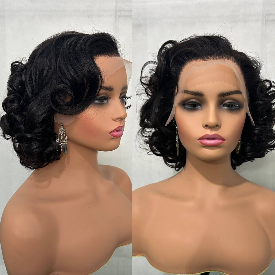 100% Human Hair Wigs 250 Density 10″ Short Bouncy Curly Wavy 4X4 Lace Front Wig