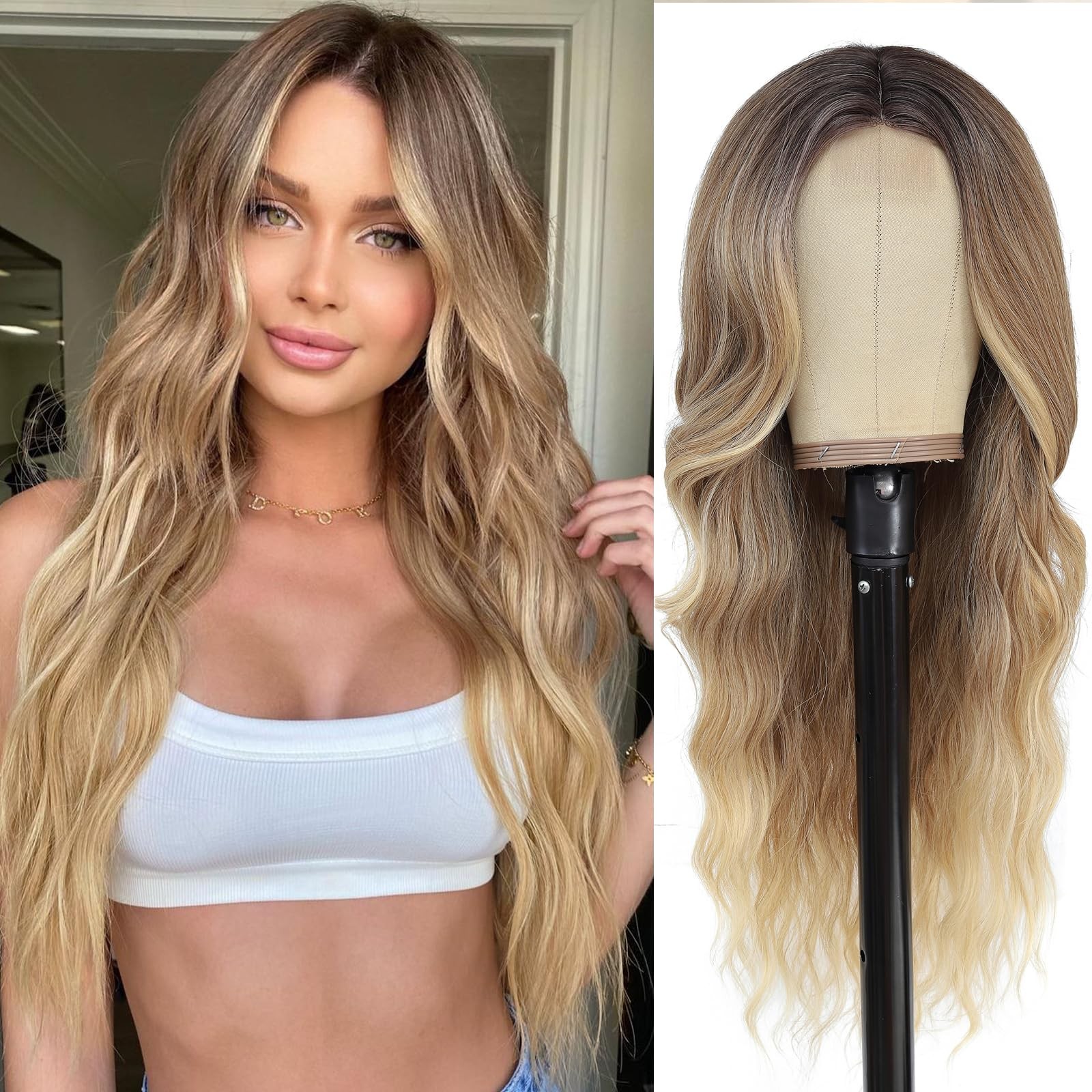 Ombre Blonde Wig 28 Inch Middle Part Wigs for Women Synthetic Hair Long Wavy …
