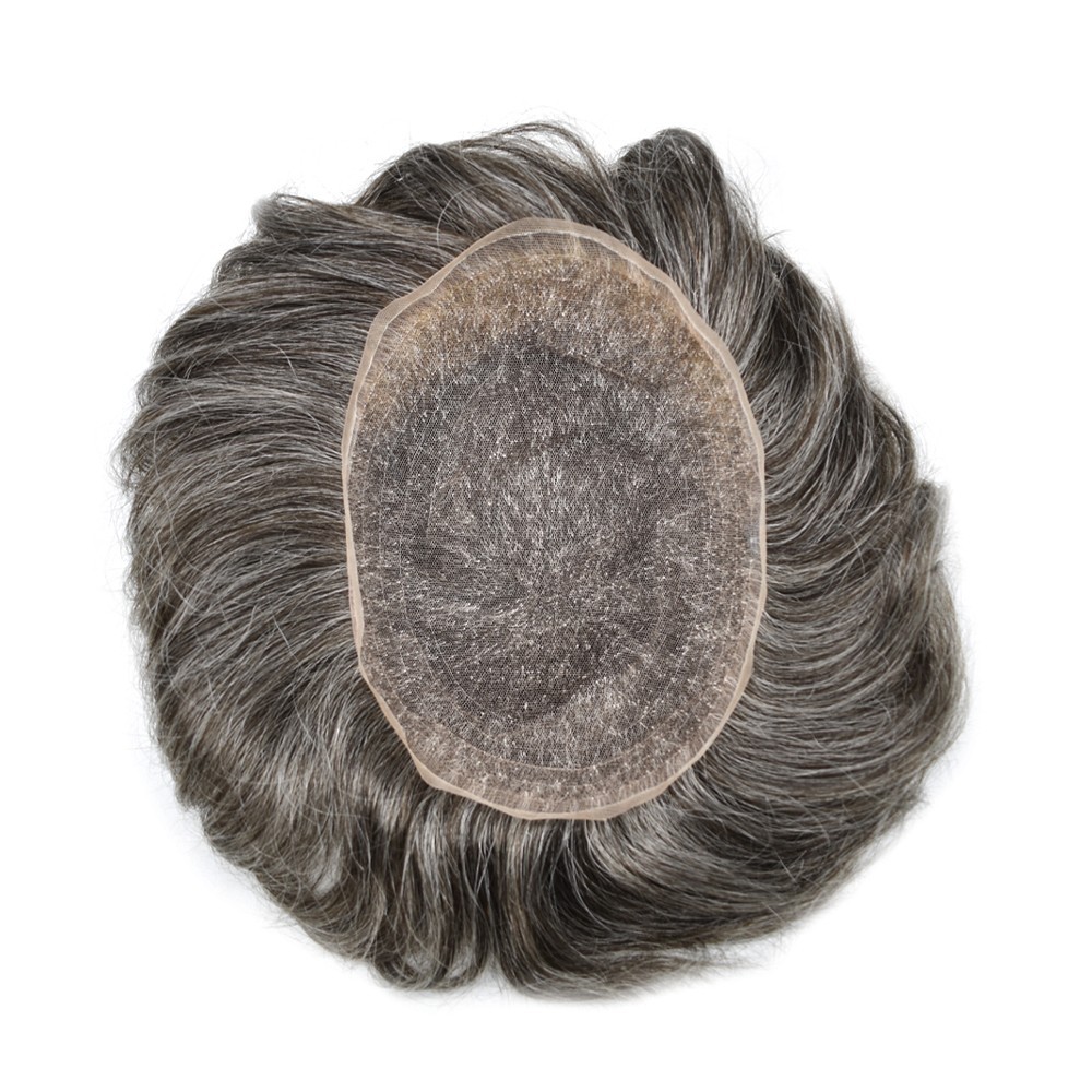 Mens Toupee Full French Lace Human Hair System Natural Bleached Knots Hairpiece