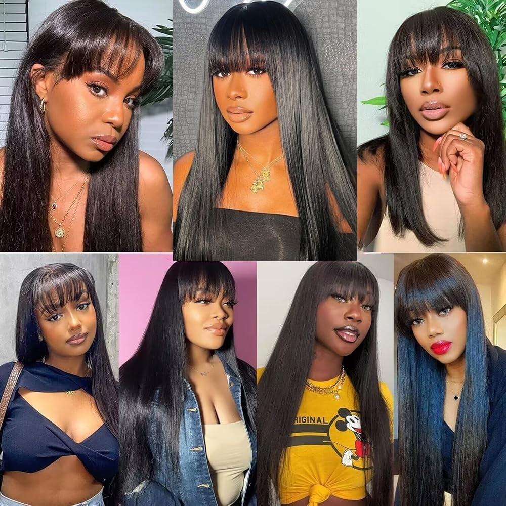 Straight Wig Human Hair with Bangs Machine Made Brazilian Virgin Human Hair Wig