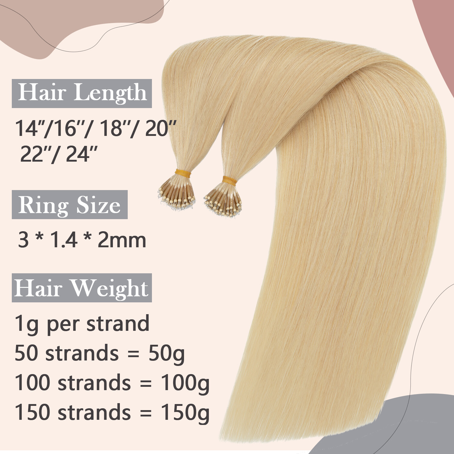 CLEARANCE Nano Ring 100% Remy Human Hair Extensions Loop Micro Beads Thick 50PCS