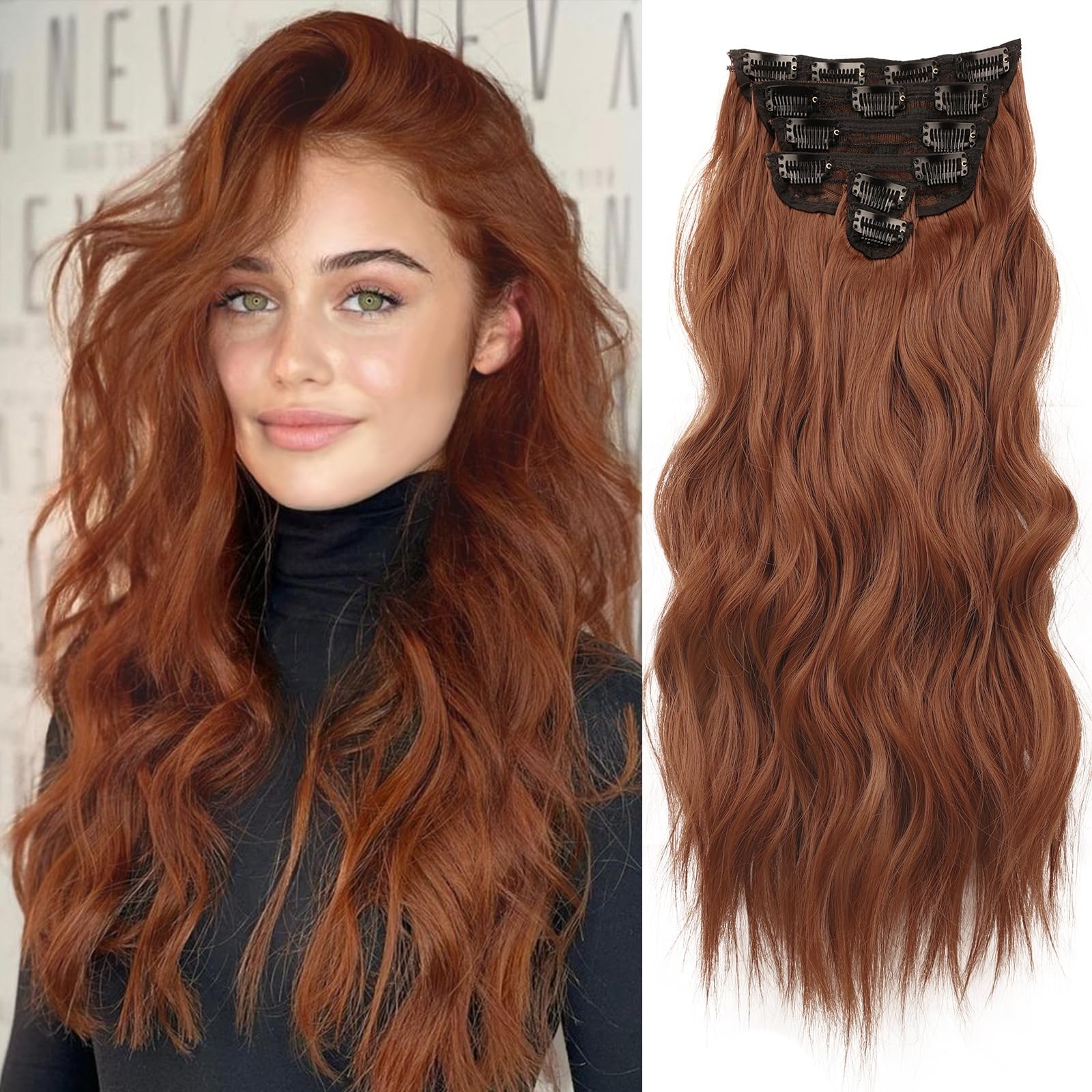 Clip in Hair Extensions for Women 20 Inch Long Wavy Curly Auburn Hairpieces F…