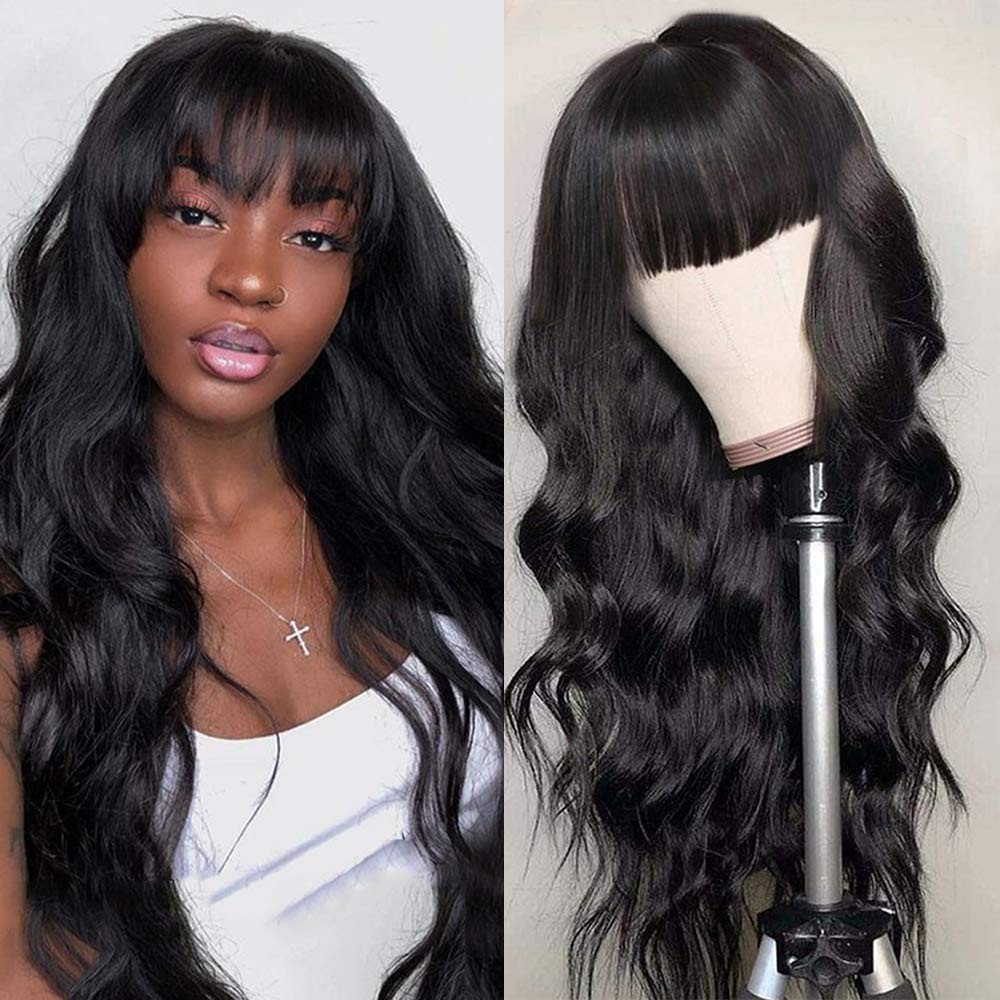 Body Wave Wig with Bangs Human Hair Wig for Women Machine Made No Lace Front Wig