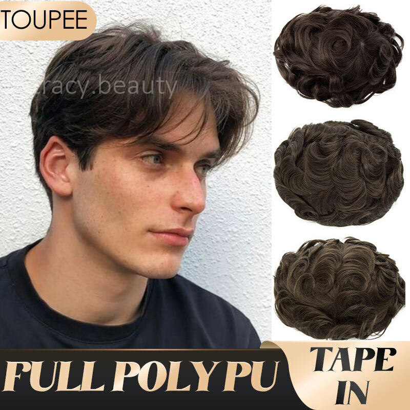 Mens Toupee 100% Remy Human Hair 30mm Thin Skin PU Hairpiece Replacement System
