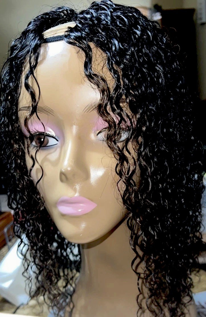 100% HUMAN HAIR WIG CURLY WATER WAVE HAIR -UPART NATURAL COLOR 12-14 IN” NEW