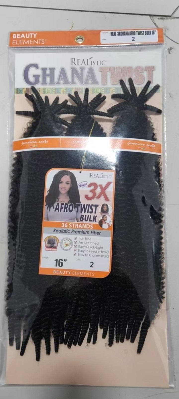 Beauty Elements Ghana Twist 3X Afro Twist Bulk Hair Extension 16″ 1B Pre-Stretc.
