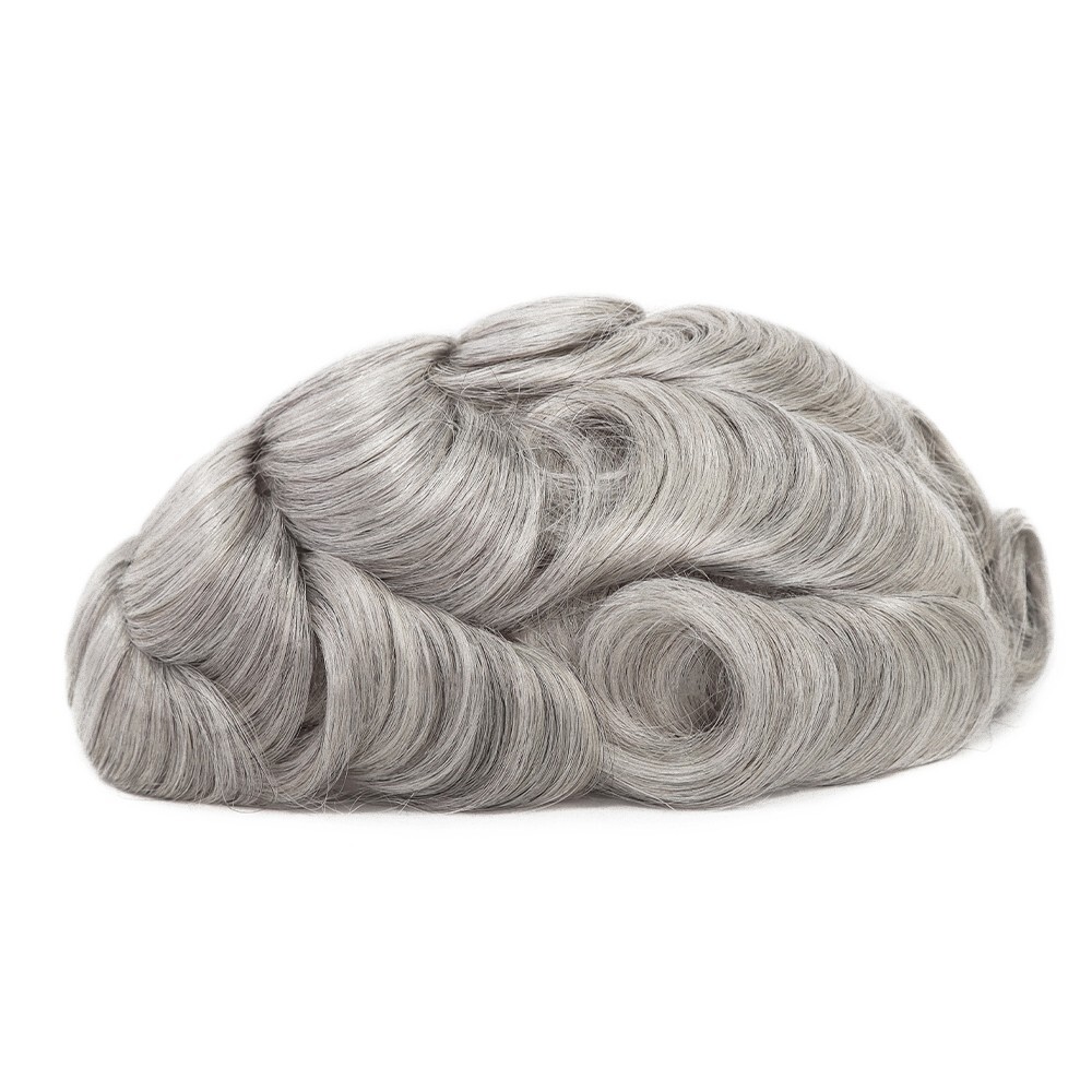 Mens Toupee French Lace Human Hair System Medium Density Grey Hair Pieces #1B80