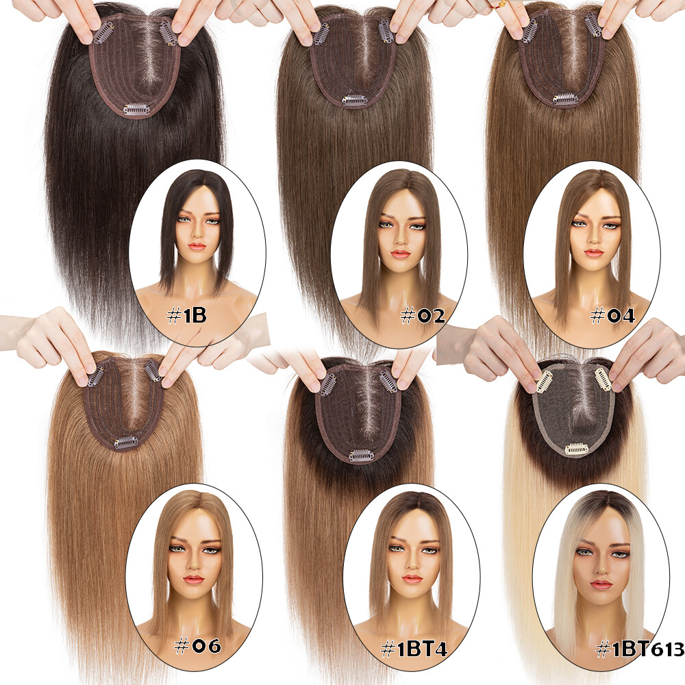 Silk Base 100%Human Hair Topper Clip in Hairpiece Wig Toupee Top Piece Side Part