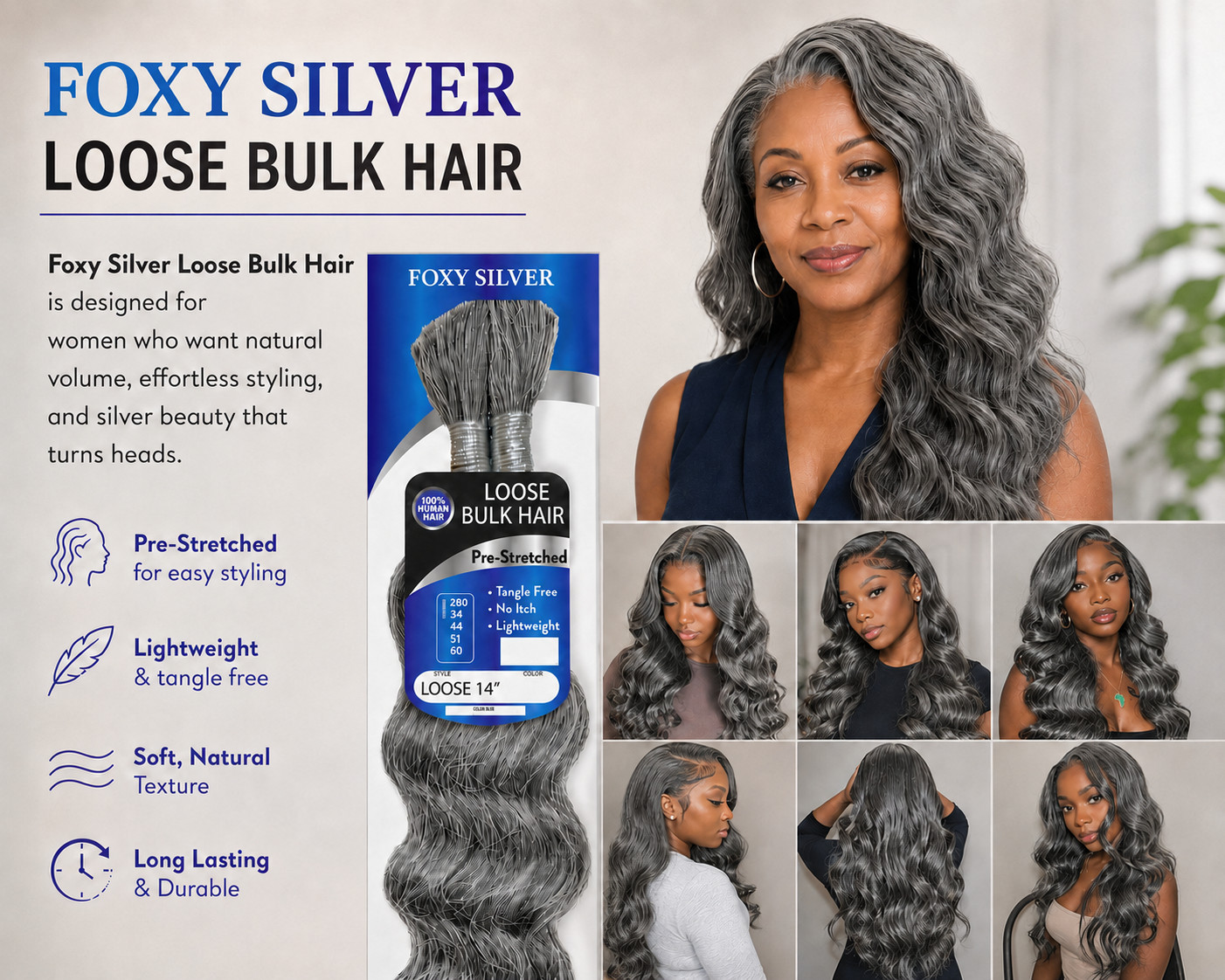 Foxy Silver BULK HAIRS, 100% HUMAN HAIR, 14″-18″, Natural look, 3 different wave