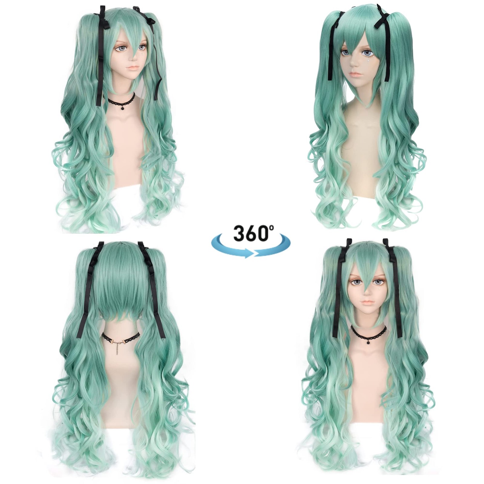 Long Green Cosplay Wig 4PCS Set (1 Hair Cap+2 Black Ribbons+1 Wig) With 2 Wav…