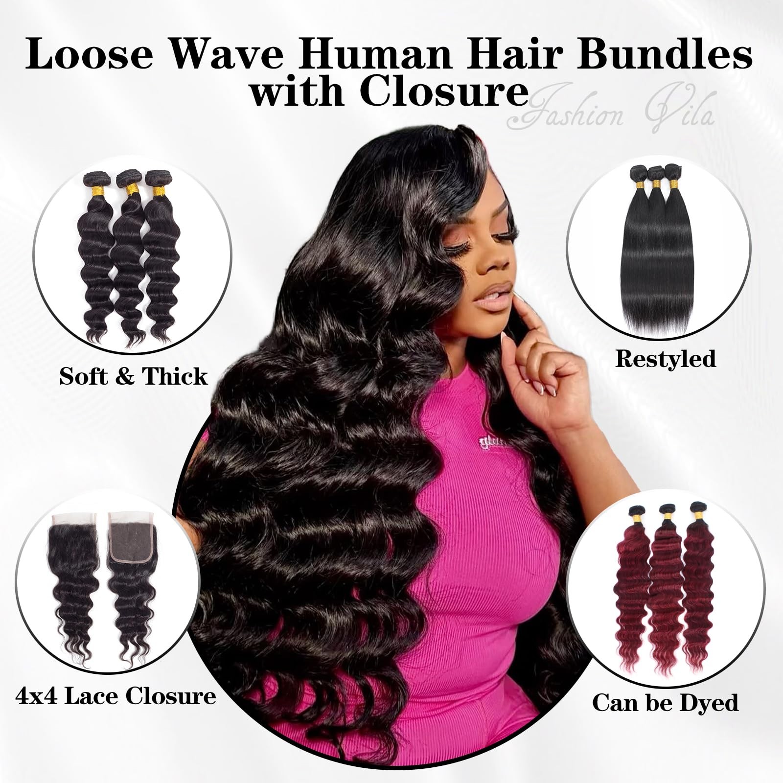 Fashion Vila Loose Wave Bundles Human Hair Closure 14 16 1812 12A Brazilian