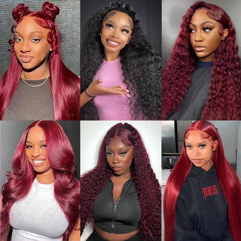 30″ 250 Density Burgundy Lace Front Wig – HD Transparent Deep Wave Human Hair