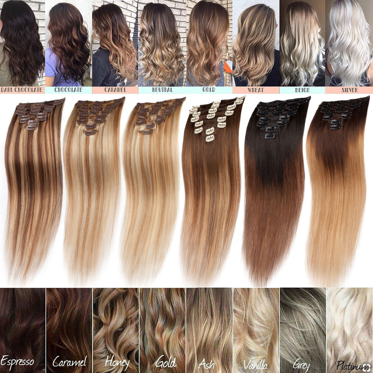 CLEARANCE Clip In 100% Real Remy Human Hair Extensions 8Pieces Full Head Caramel