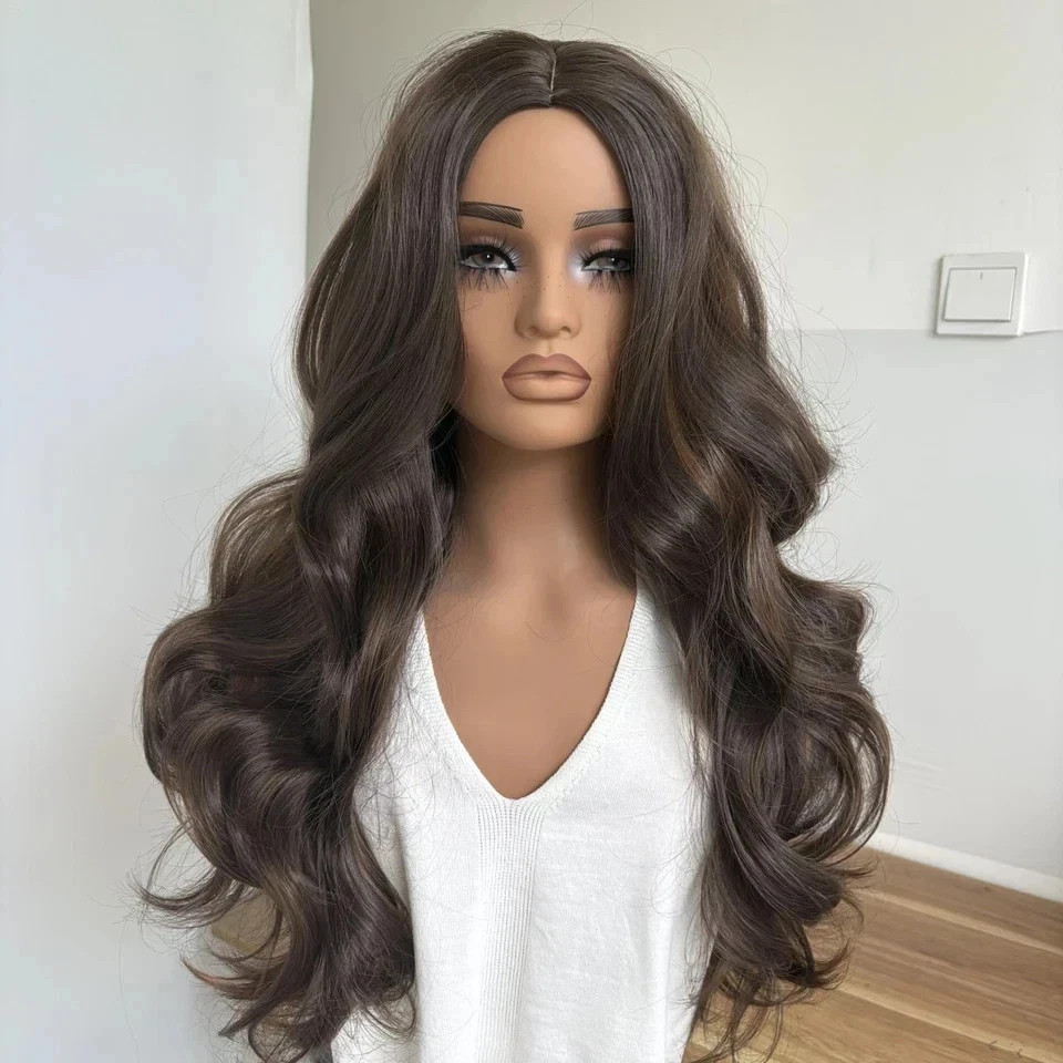 Real Human Hair New Fashion Long Natural Dark Brown Wavy Women’s Full Wigs 24 In