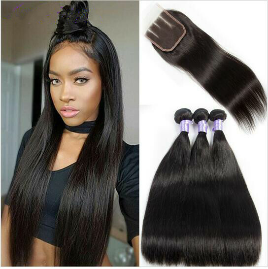 3 Bundles with Closure Frontal 100% Unprocessed Brazilian Virgin Human Hair USA